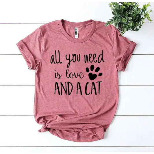 Mauve t-shirt with cat text from Peach & Gray, perfect for cat lovers, mauve sold