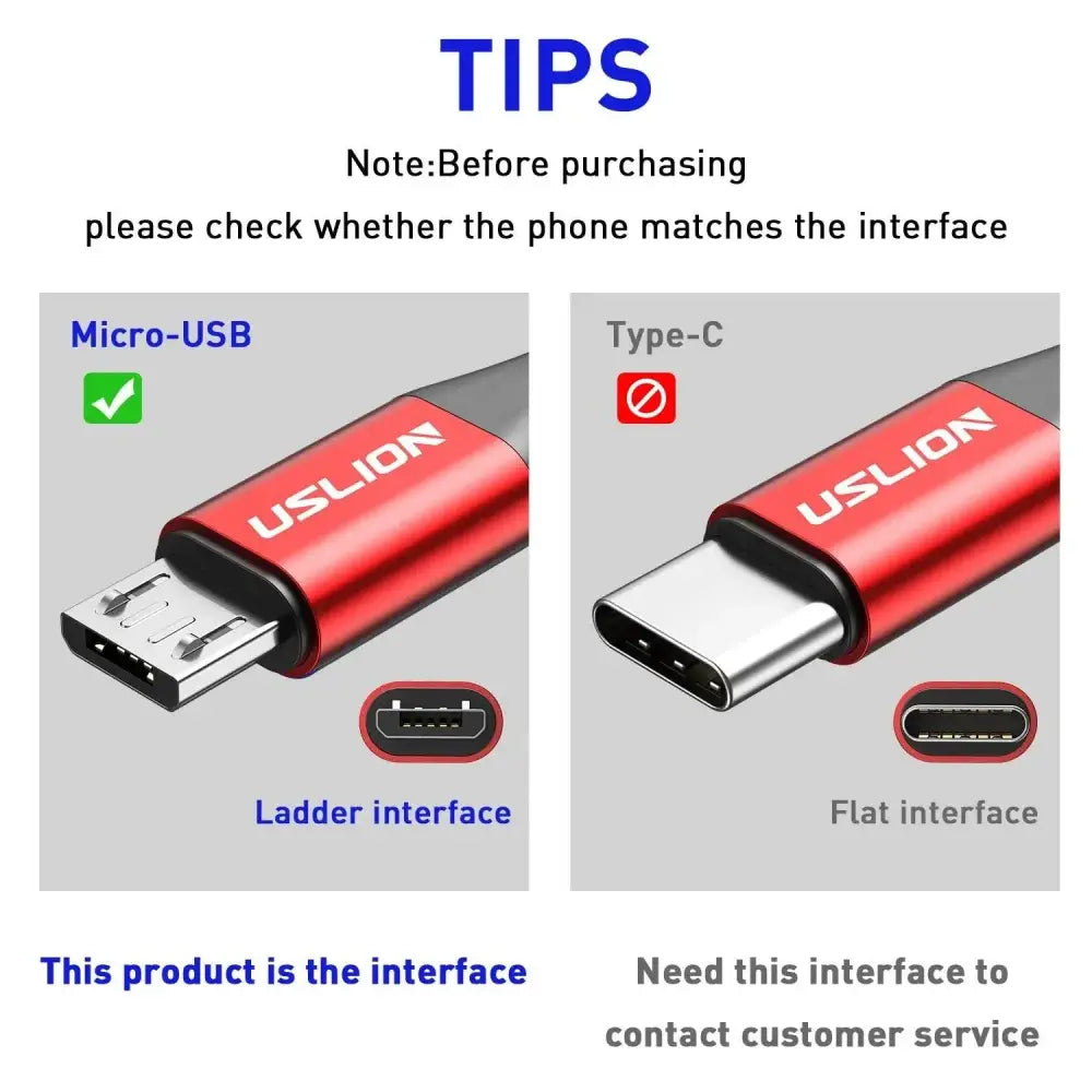 Red Braided Micro USB Fast Charge Data Cable comparison with Micro-USB and Type-C cables