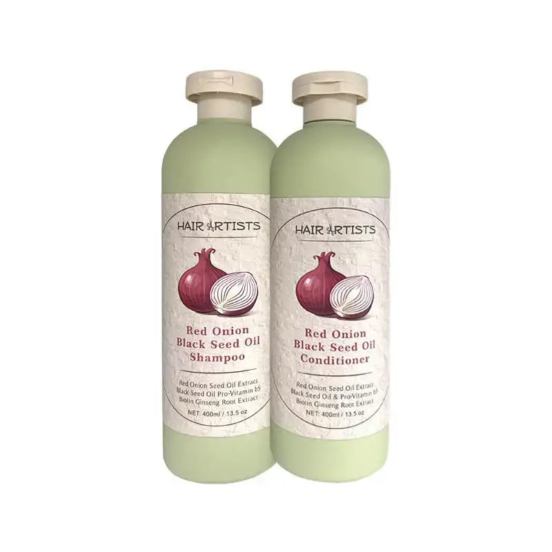 Two bottles of Red Onion Black Seed Oil Power Duo shampoo and conditioner