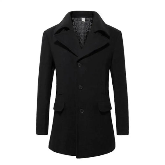 Stylish black buttoned wool blend coat perfect for any man’s mid length collection