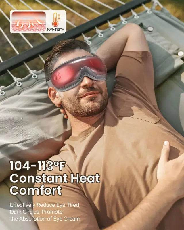 Man wearing heated eye mask.
