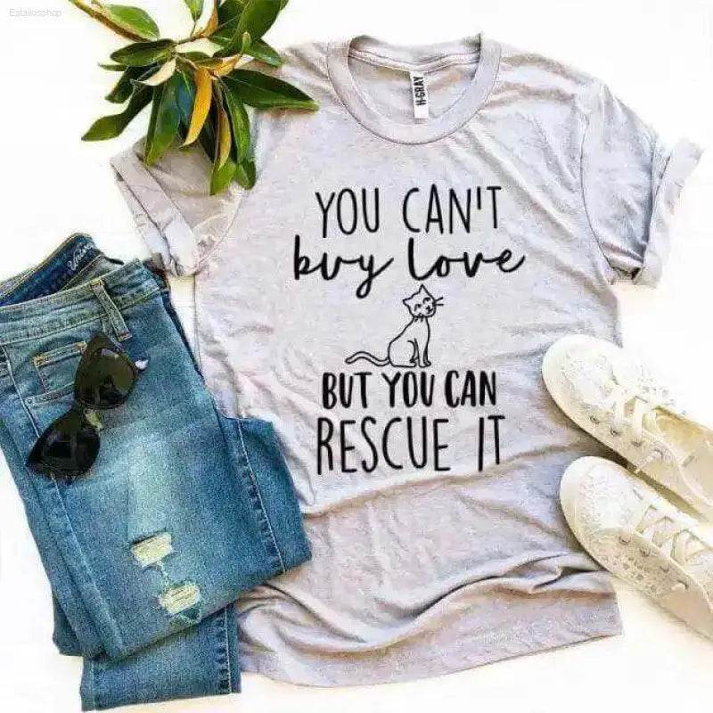 Gray t-shirt with cat rescue message.