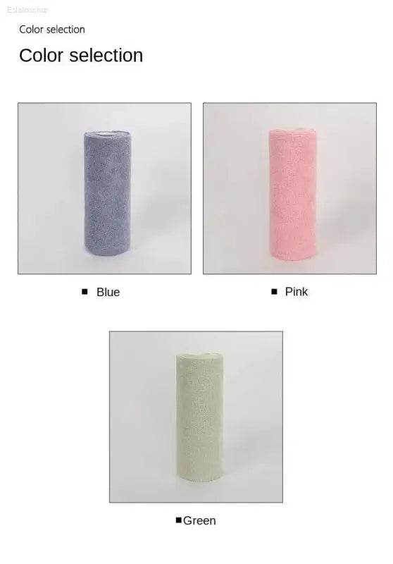 Rolls of tulle in blue, pink, and green.