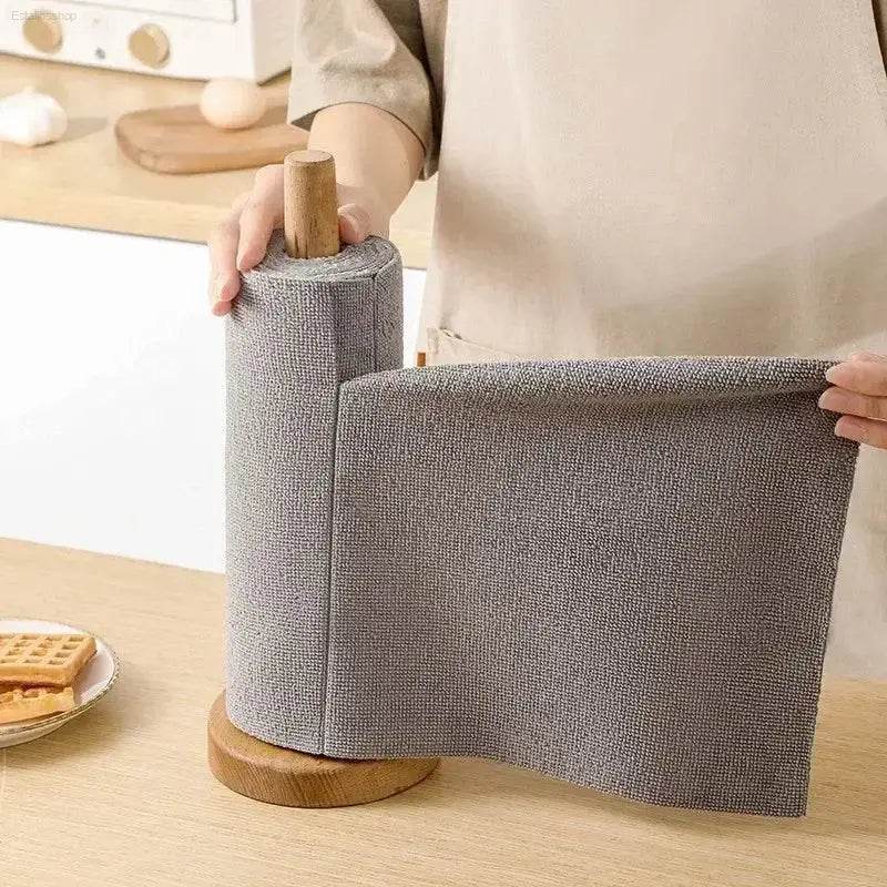 Gray fabric paper towel holder.
