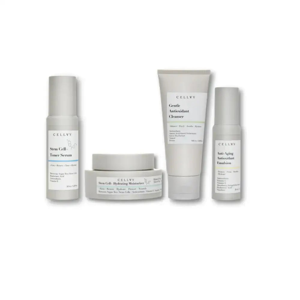 Skincare product set featuring Revitalizing Moroccan Argan Stem Cell Bundle for anti-aging