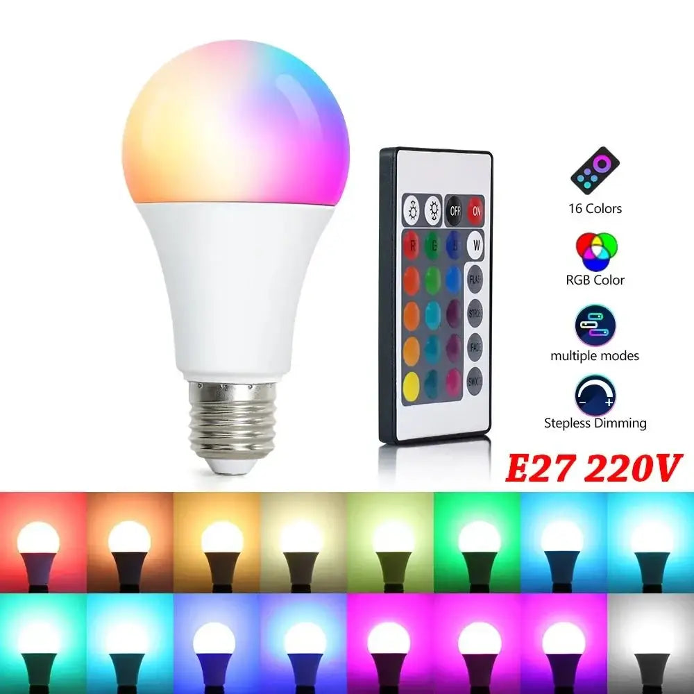 Color-changing LED lightbulb with remote for 220V E27 RGB lighting magic