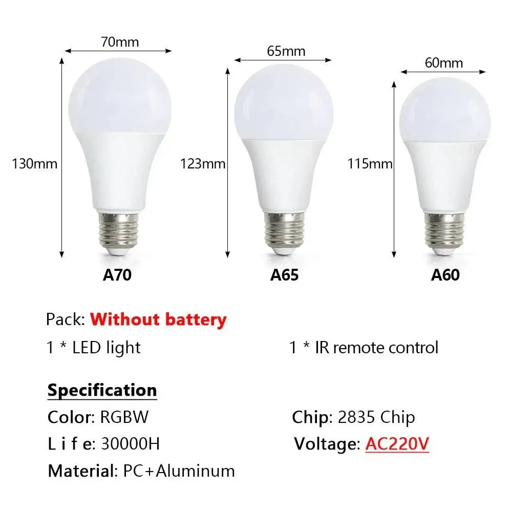 Three LED light bulbs showcasing dimensions and specs of 220v E27 RGB bombillas led