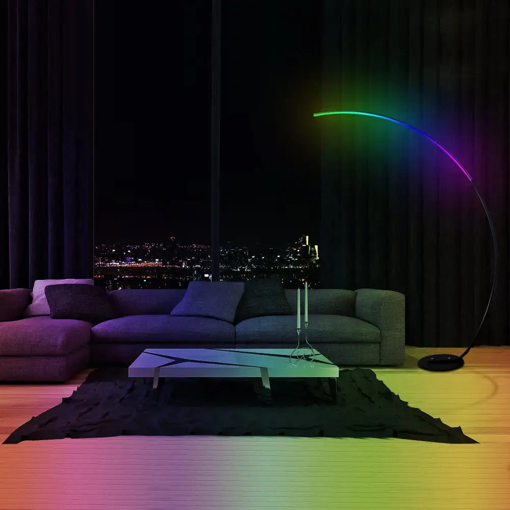 RGBW Modern Curve Floor Lamp featuring a sleek design and color-changing LED lights