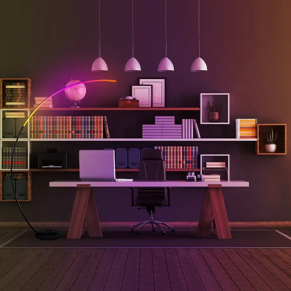 Cozy modern home office with RGBW Modern Curve Floor Lamp providing stylish lighting