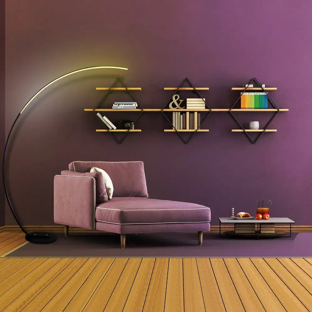 Plush purple chaise lounge with RGBW Modern Curve Floor Lamp adding style