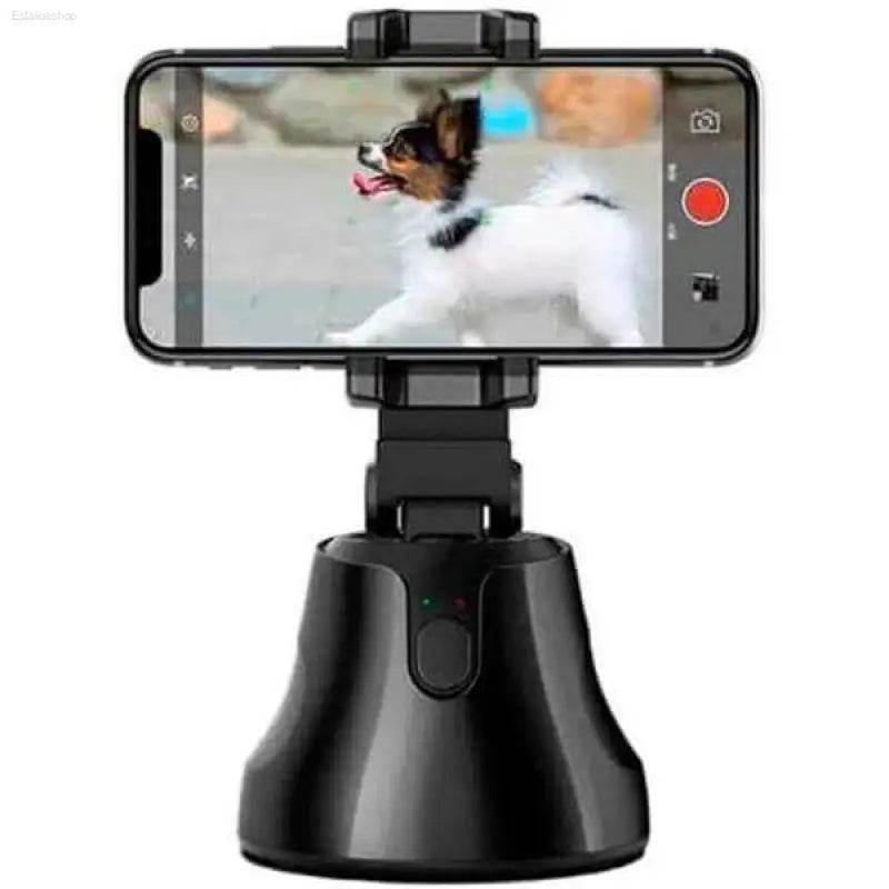 Black phone holder with face tracking.