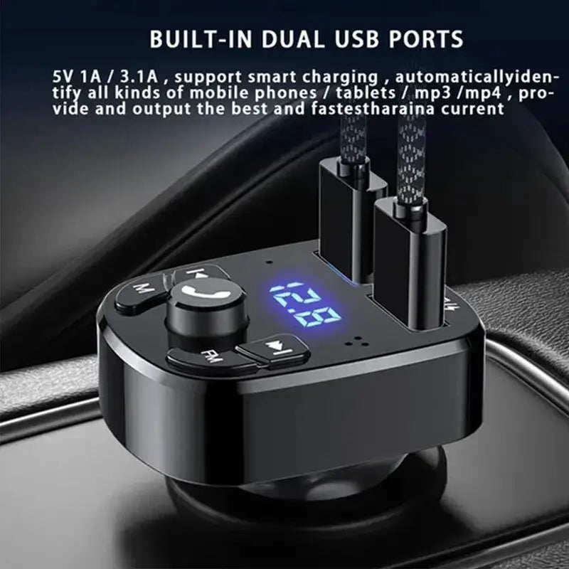 Black car charger with dual USB ports for Rockin Ride Bluetooth FM Transmitter