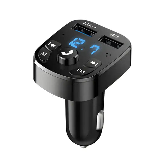 Black car charger with USB ports and digital display for Rockin Ride Bluetooth FM Transmitter