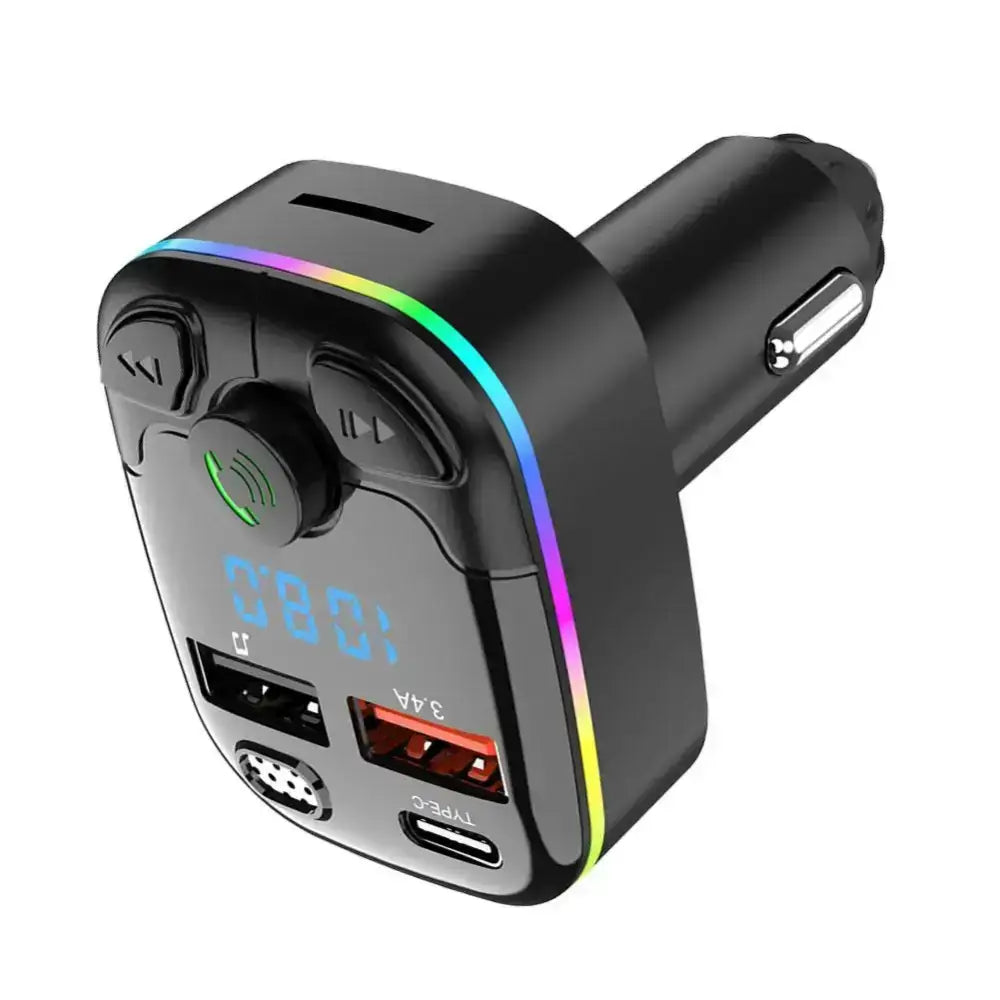 Black car charger with multiple ports and colorful trim for Rockin Road Trip Tunes Type-C Dual USB Car FM Transmitter