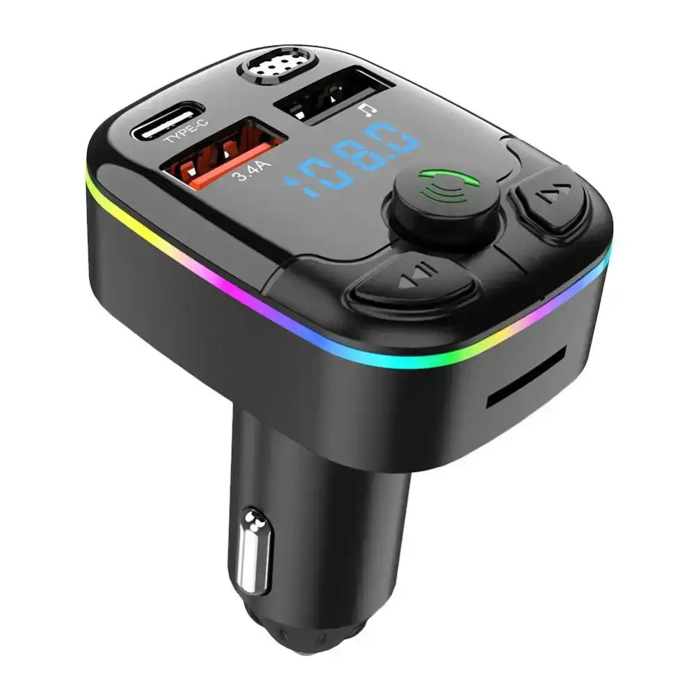 Black car charger with RGB lighting for Rockin Road Trip Tunes Type-C Dual USB Car FM Transmitter