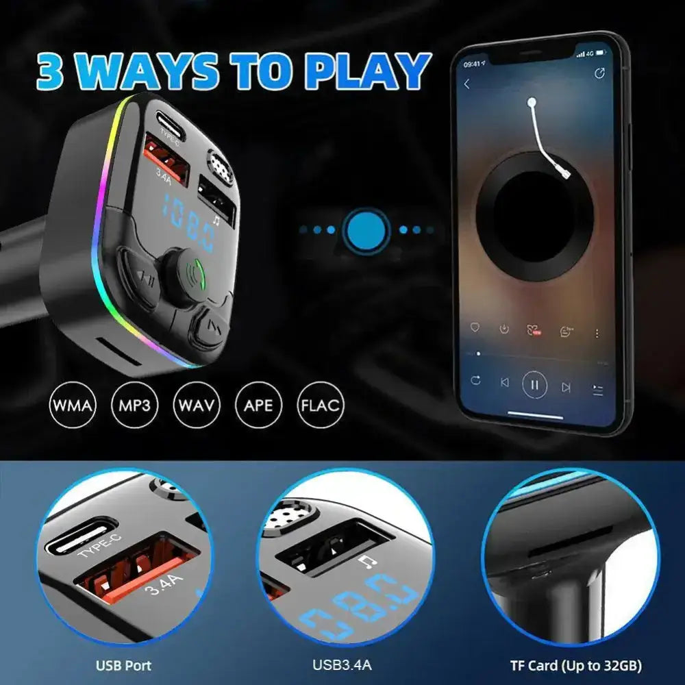 Car Bluetooth FM Transmitter Rockin Road Trip Tunes Type-C Dual USB Ambient Player MP3