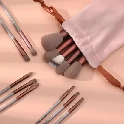 Rose Gold Makeup Brushes Set in a pink pouch for eye shadow foundation and beauty