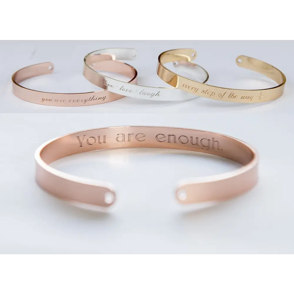 Engraved secret message Rose Gold plated cuff bracelets in a stylish stack