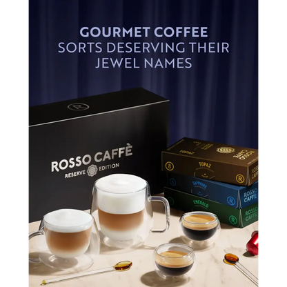 Rosso Caffè Espresso Nespresso Original Pods showcased in a vibrant coffee display