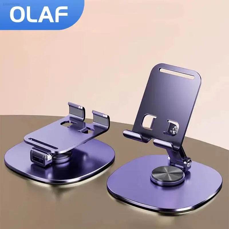 Two purple metal phone stands.