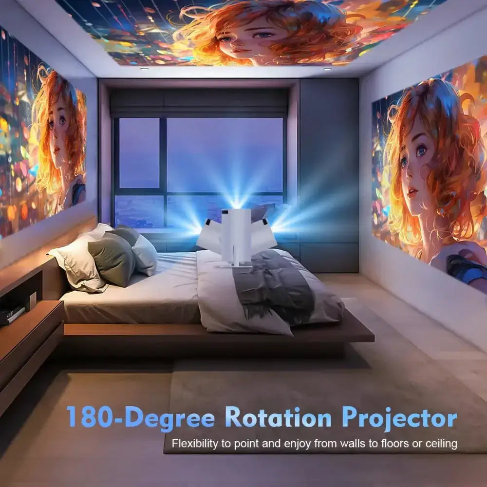 Rotating White 4K Projector Big Screen showing vibrant images on walls and ceiling