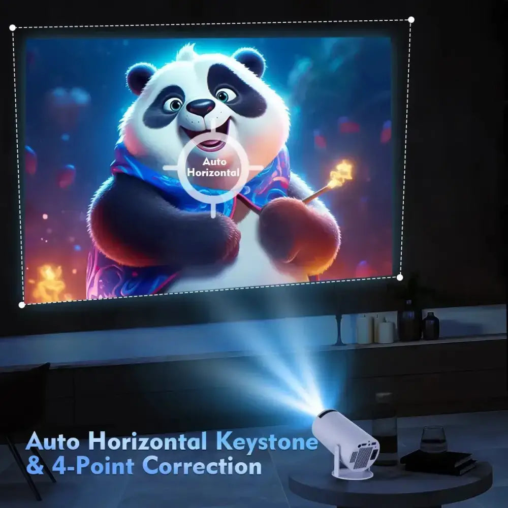 White projector displaying a cute cartoon panda on big screen in a fun setup