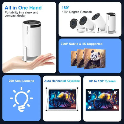 Portable Rotating White 4K Projector with keystone correction for big screen viewing