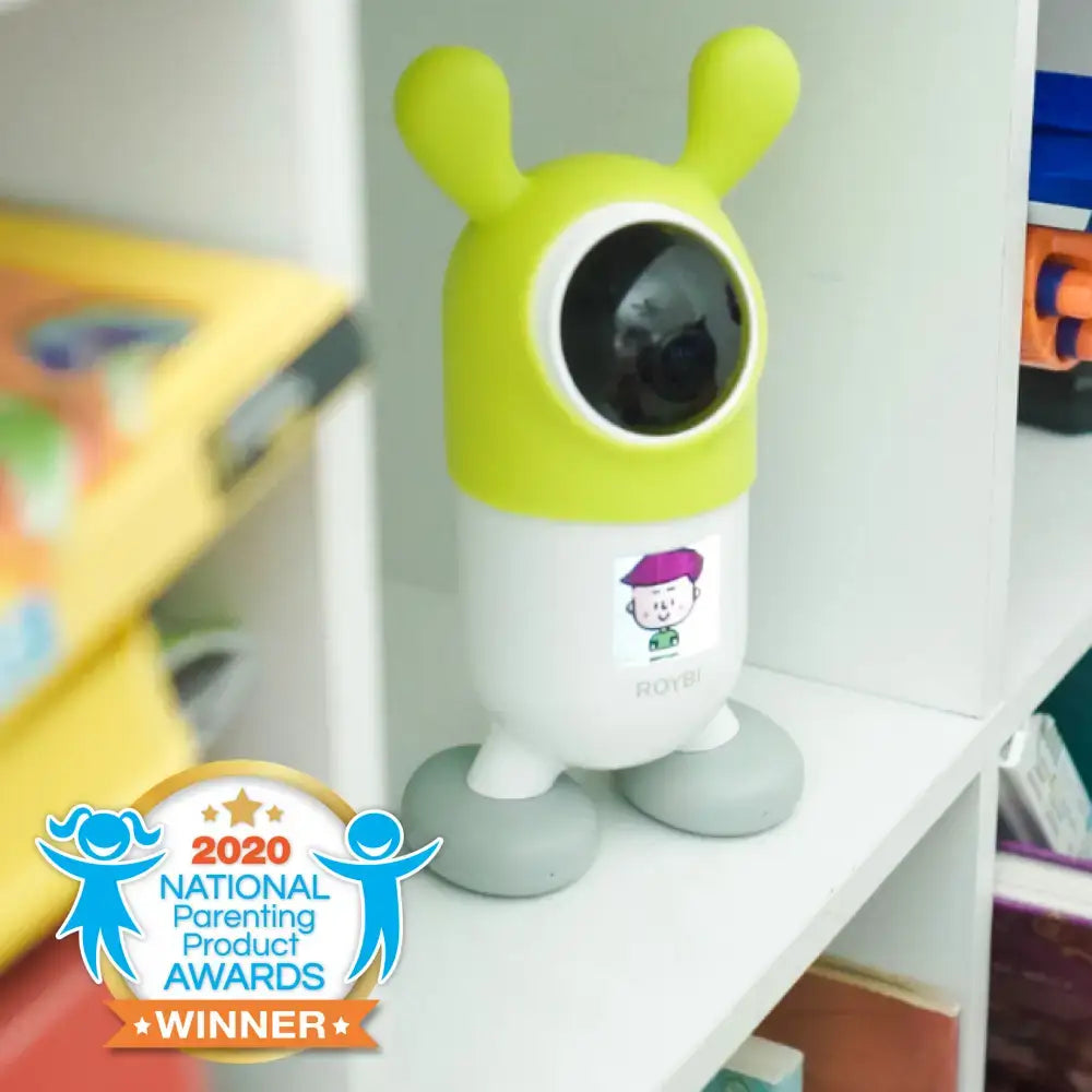 Green and white Roybi Robot Baby Monitor with bunny ears, a fun smart educational toy