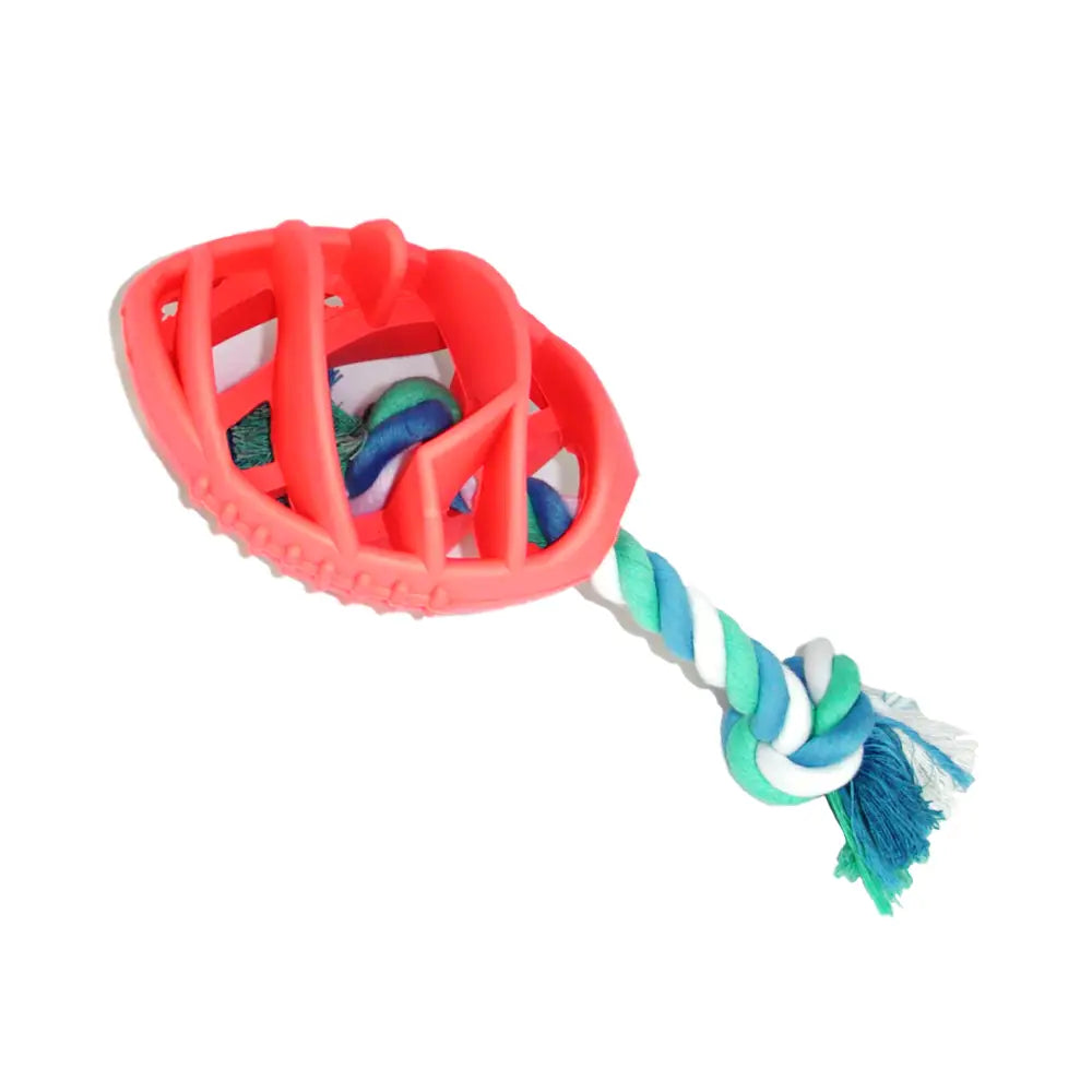 Red Rubber Football Dog Tug Rope Chew Toy perfect for playful pup fun and chewing satisfaction