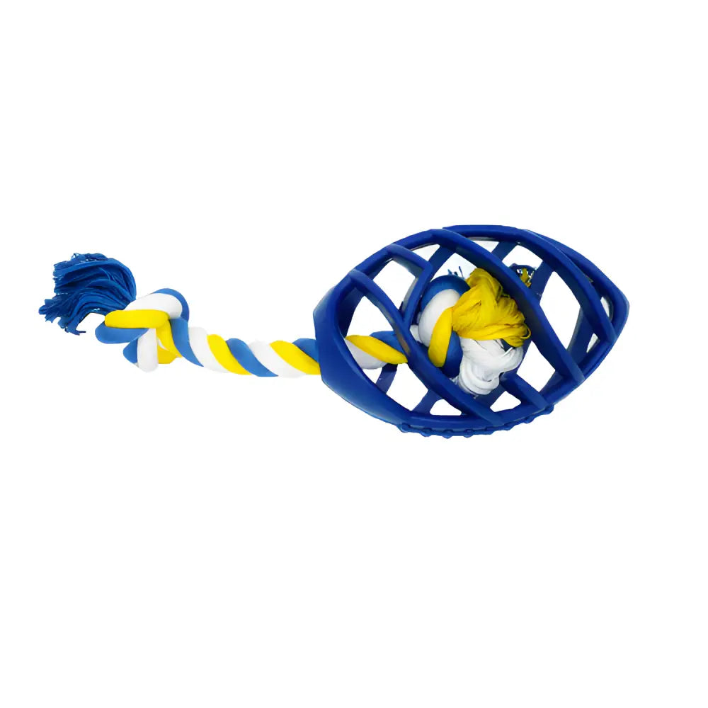 Blue and yellow Rubber Football Dog Tug Rope Chew Toy for playful pups