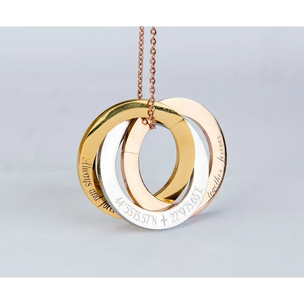 Interlocking gold, silver, and rose gold Russian Rings Eternity Necklace for a stylish look