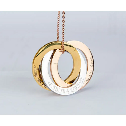 Interlocking gold, silver, and rose gold Russian Rings Eternity Necklace for a stylish look