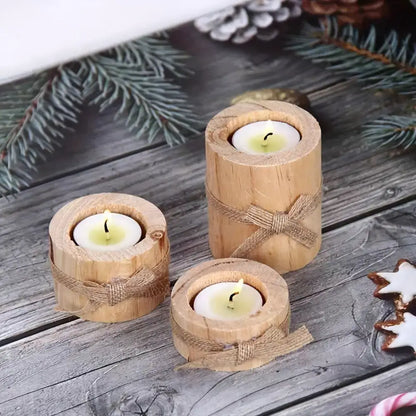 Elegant wooden cylindrical candlesticks with burlap bows in a handmade set