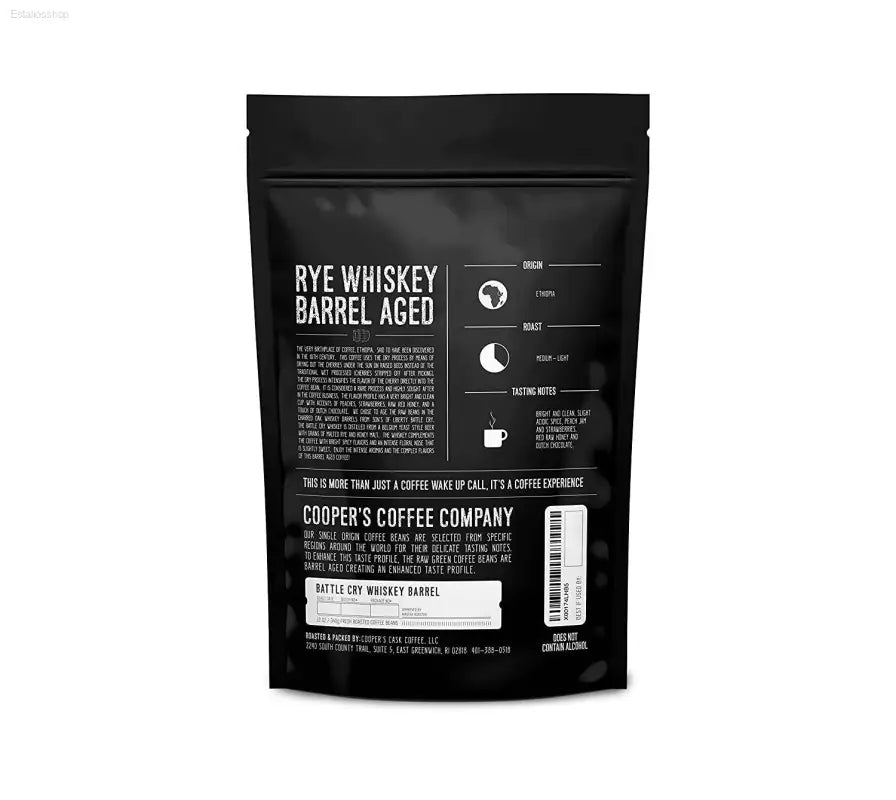 Rye Whiskey Barrel Aged Coffee - Medium Roast Ethiopian Beans, 12 Oz Ground Bags - Estalios