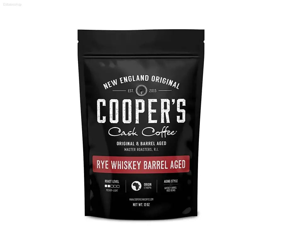 Rye Whiskey Barrel Aged Coffee - Medium Roast Ethiopian Beans, 12 Oz Ground Bags - Estalios