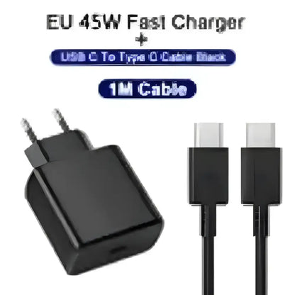 Black EU charger and USB-C cables for Samsung S23 S24 45W fast charging S24 PD quick