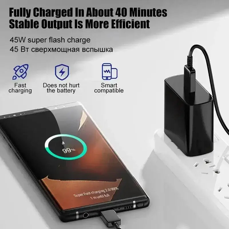 Black phone charger with Samsung S24 charging, showcasing 45W fast charging capability