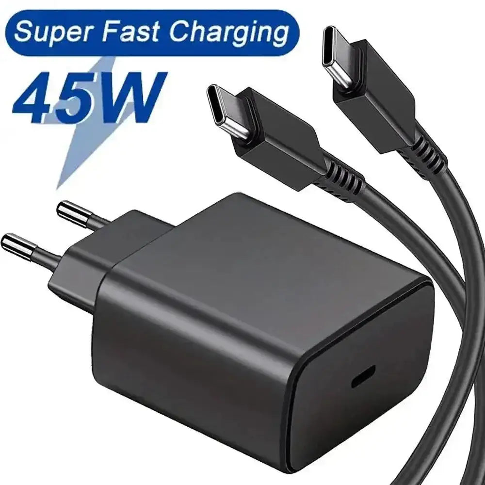 Black 45W USB-C charger with cables for Samsung S23 S24, perfect for 45W fast charging