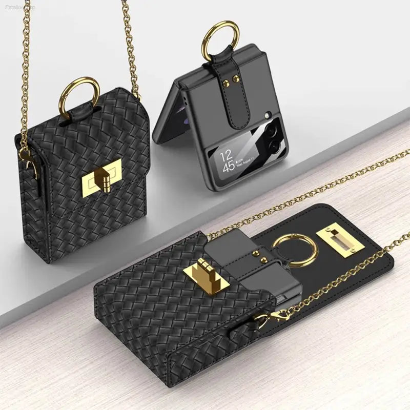 Sanimore Elegant PU Leather Case for Samsung Galaxy Z Flip 4 with Long Lanyard - Stylish Crossbody Wallet for Women - Compatible with Z Flip 4 & Z Flip 3 - Black - Estalios