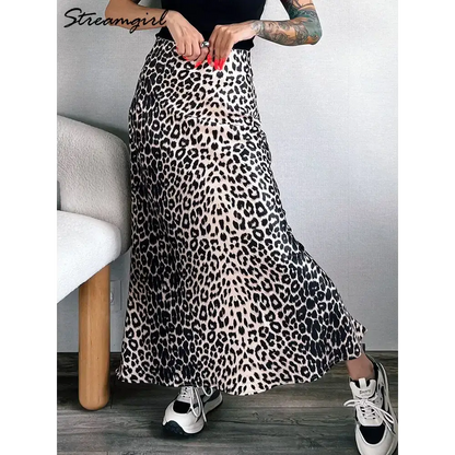 Satin Leopard Print Maxi Skirts for Summer