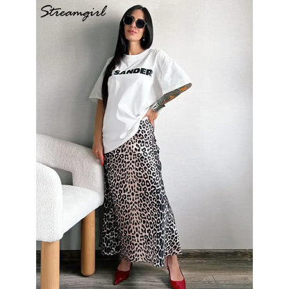 Satin Leopard Print Maxi Skirts for Summer