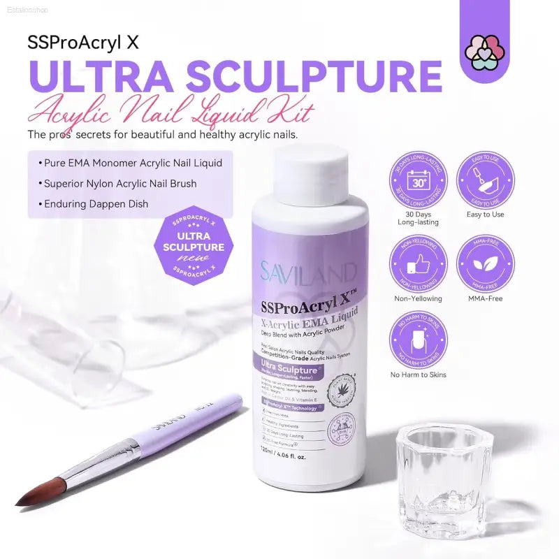 SAVILAND EMA Monomer Acrylic Nail Liquid - 4 Oz for Perfect Acrylic Nails with 12# Brush & Dappen Dish - Ideal for Beginners & Professionals