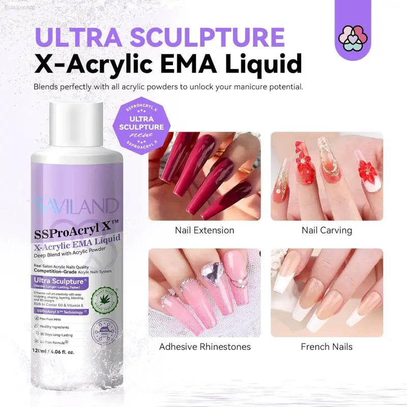 SAVILAND EMA Monomer Acrylic Nail Liquid - 4 Oz for Perfect Acrylic Nails with 12# Brush & Dappen Dish - Ideal for Beginners & Professionals