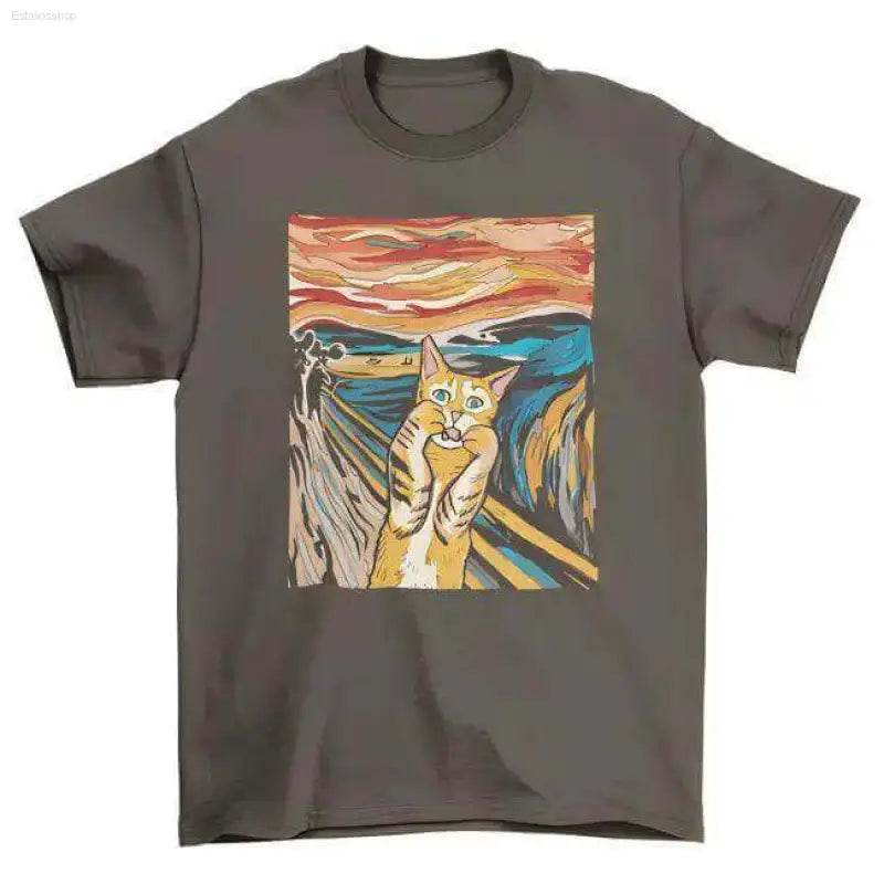 Gray t-shirt with cat art.