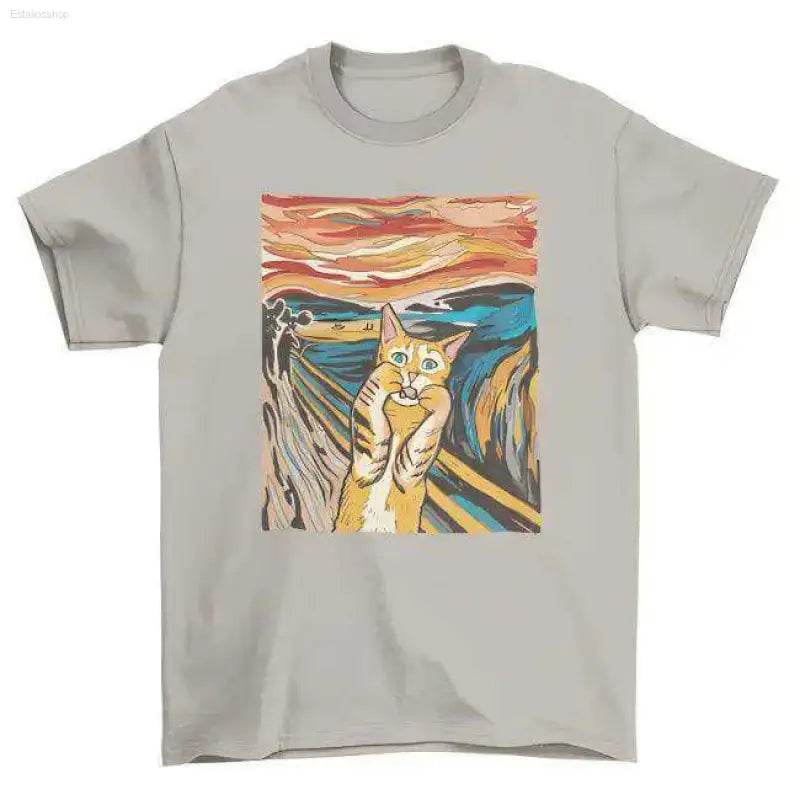 Gray t-shirt with cat art.