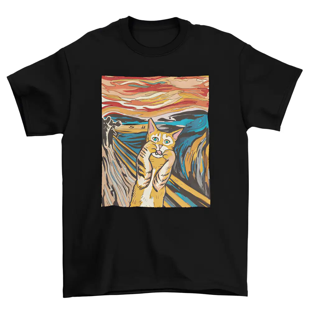 Black t-shirt featuring Scream Parody Cat art, perfect for cat lovers and collectors