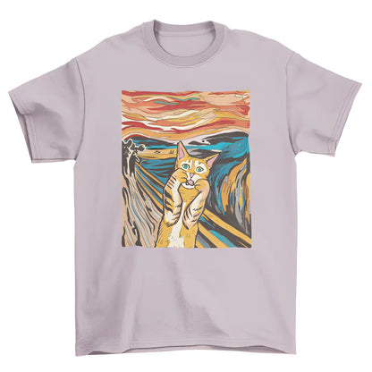 Lilac Scream Parody Cat Tee featuring iconic art for cool cat lovers