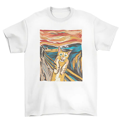 White t-shirt featuring a Scream Parody Cat print, perfect for cat lovers