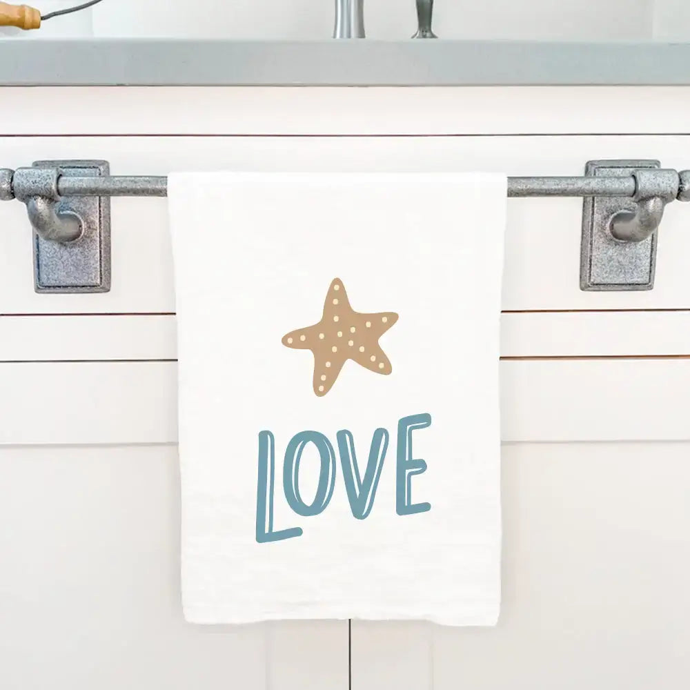 White cotton tea towel with sea star love design and starfish accents