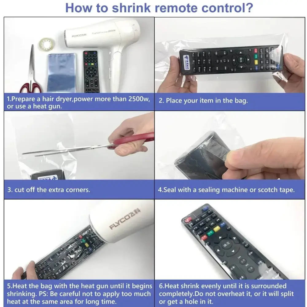 Instructions for using Sealable Shrink Film Remote Protective Case Cover with shrink film bag